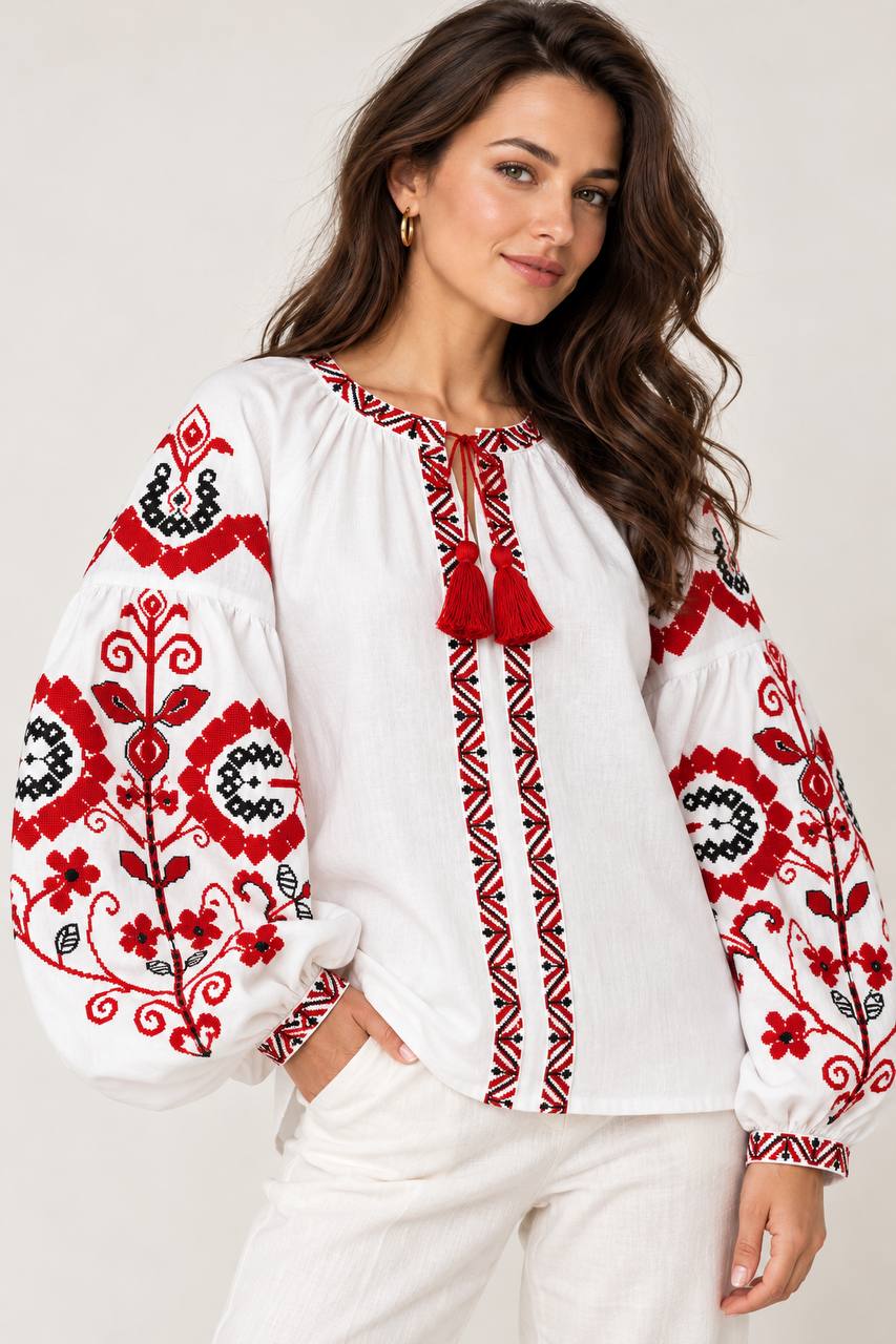 Women's White Ukrainian Embroidered Blouse – Red & Black Floral Embroidery