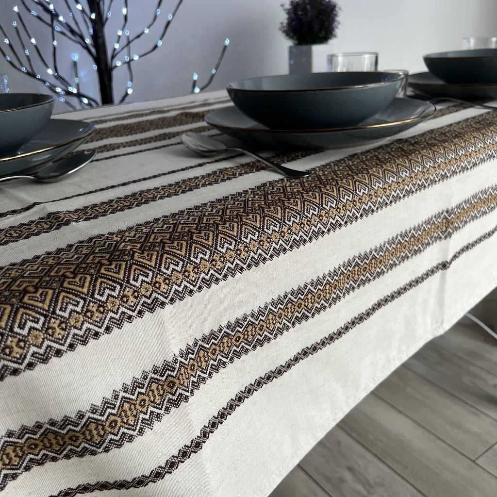 Woven Tablecloth With Traditional Ornament Brown