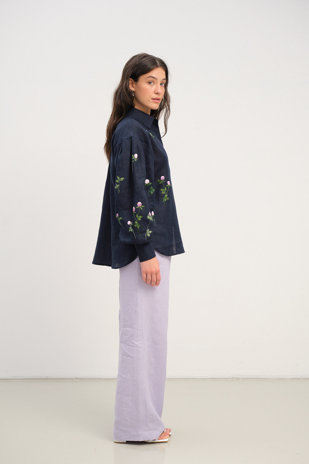 Dark Blue Linen Shirt with Puffy Sleeves and Hand-Embroidered Clover