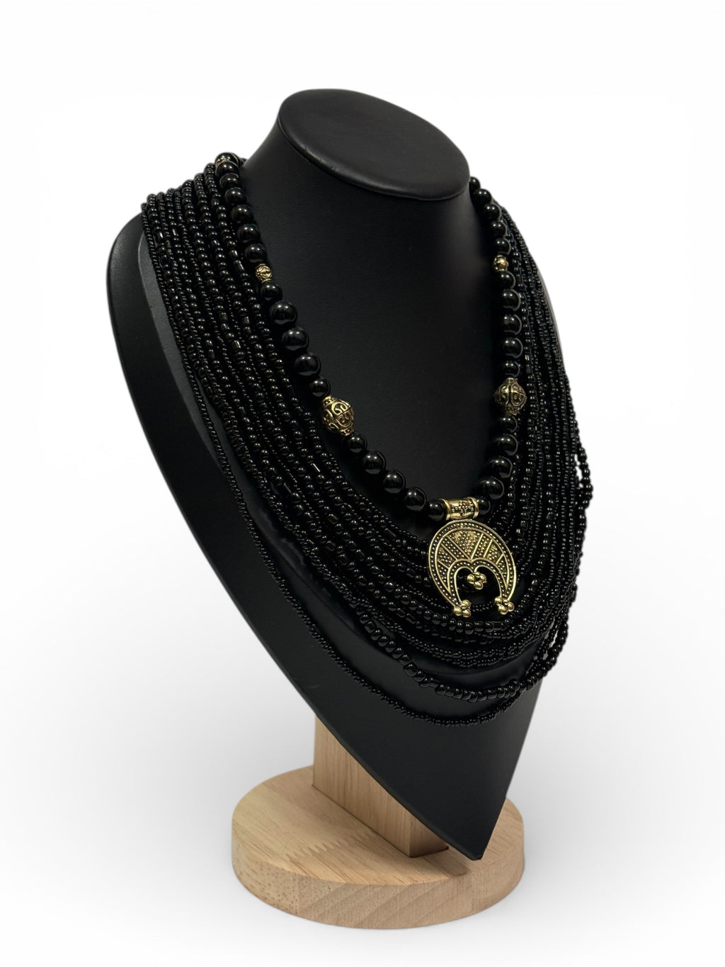 Black Necklace with Lunula 2-in-1 | Single-Strand + Multi-Strand