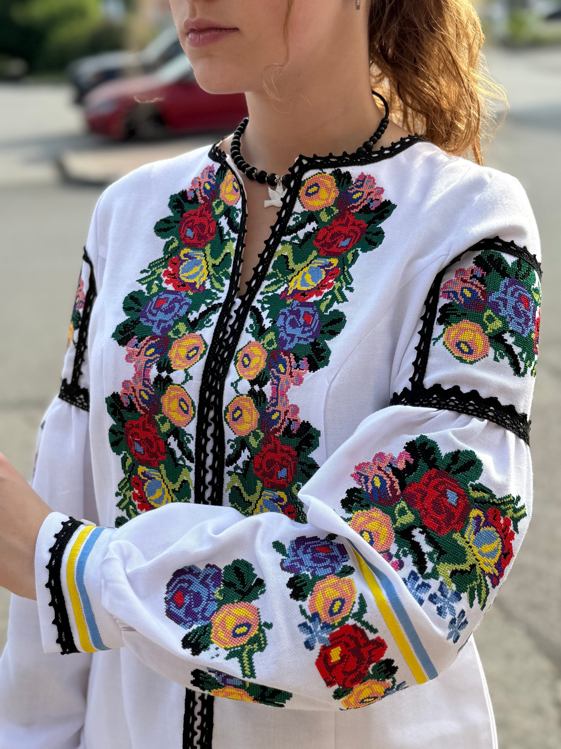 Women’s Embroidered Shirt "Patriotic" – White Ukrainian Vyshyvanka with Floral Motifs