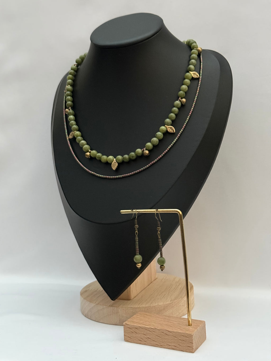 Double-Strand Green Jade and Bead Necklace with Brass Pendants | Necklace & Earrings Set