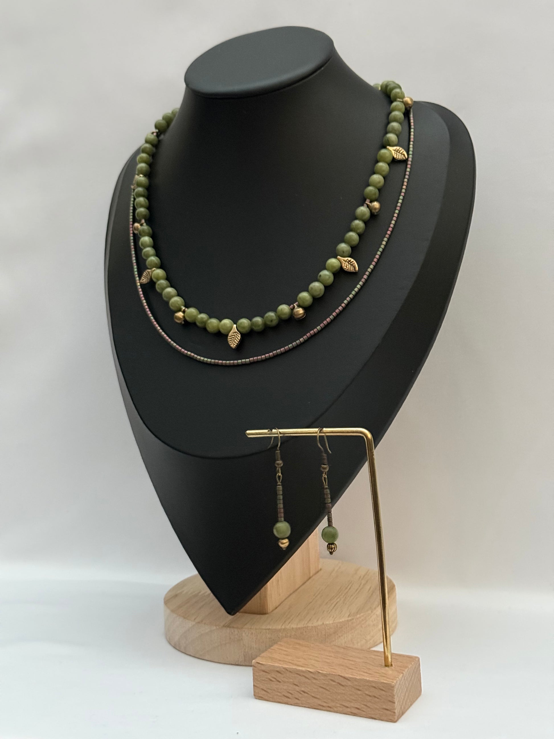 Double-Strand Green Jade and Bead Necklace with Brass Pendants | Necklace & Earrings Set