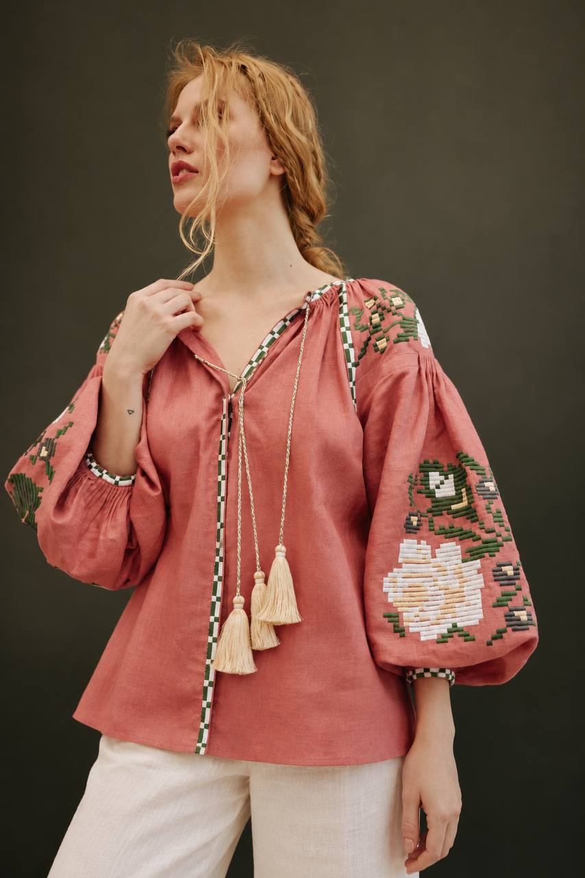 “Roksolana” Coral Floral Embroidered Blouse