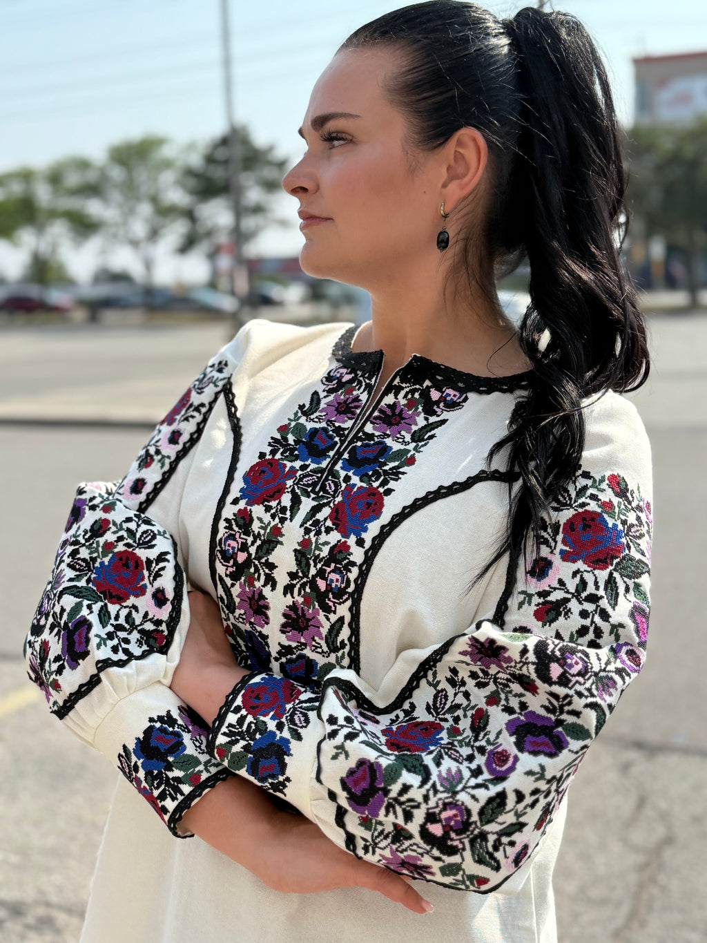 Women’s Embroidered Shirt "Kucheriava" – Crem Ukrainian Vyshyvanka with Floral Motifs