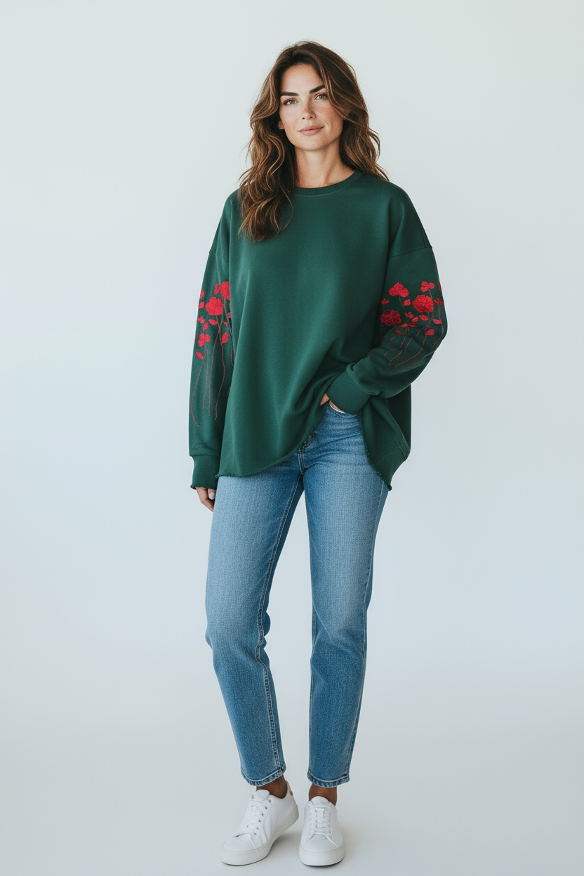 Oversized Sweatshirt With "Flowers" Embroidery And Raw Hem