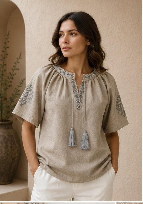 Women’s Linen Grey Embroidered Blouse