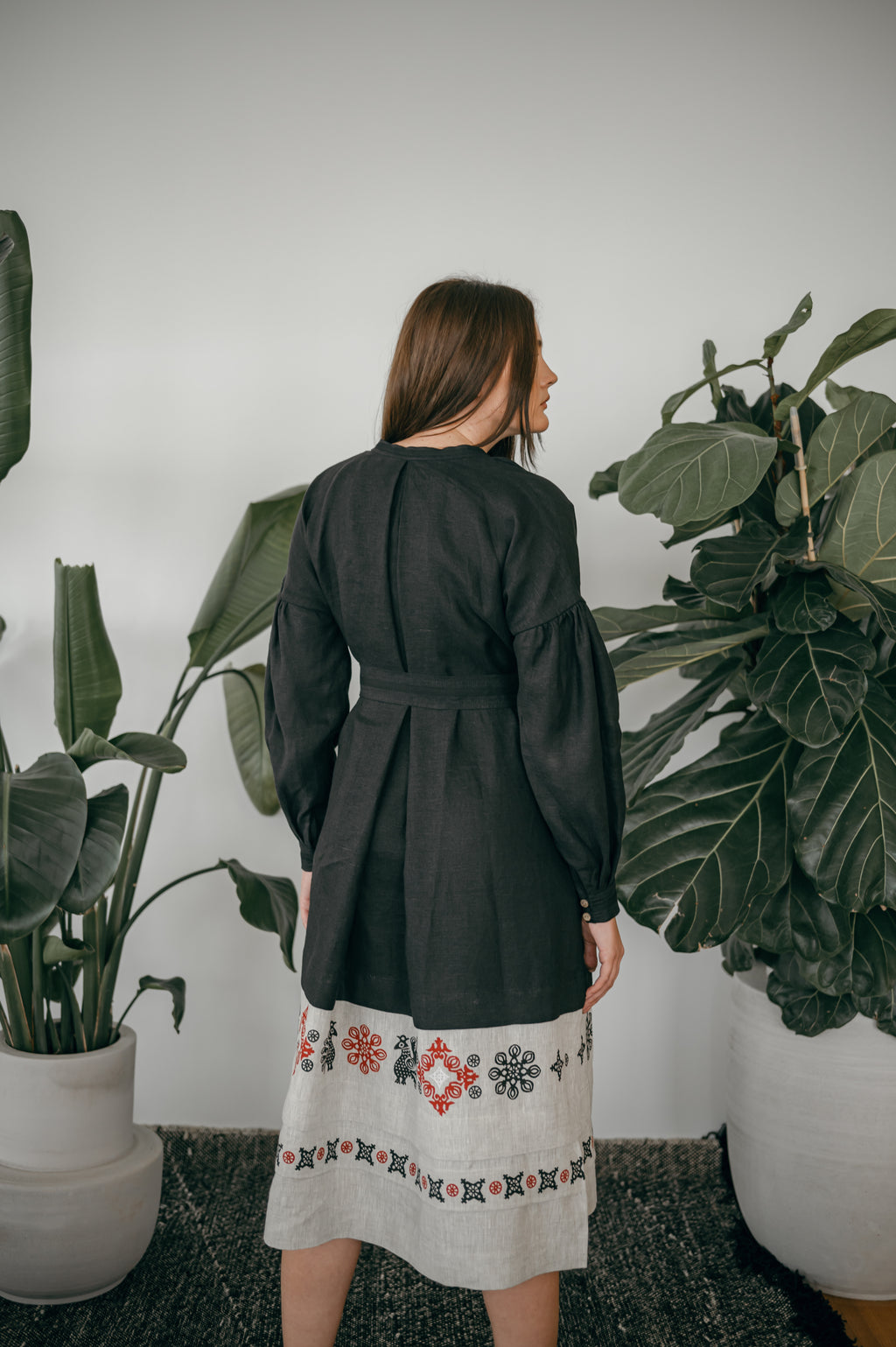 Black Ukrainian Midi Dress with Traditional Block Print