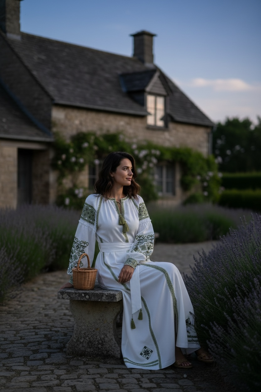 Embroidered dress "Elegance" (white/green)