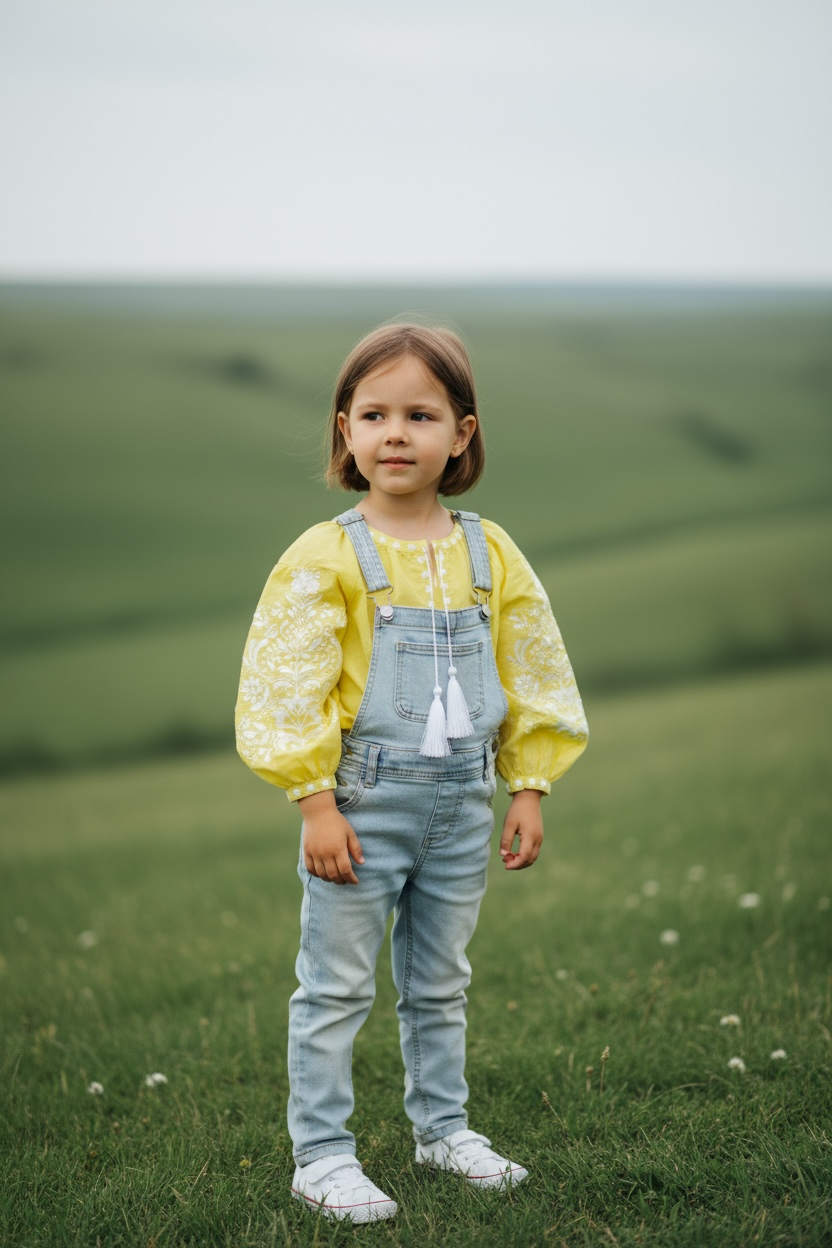 Girls Yellow Lemon Linen Vyshyvanka Long Sleeve In Ukrainian Traditions