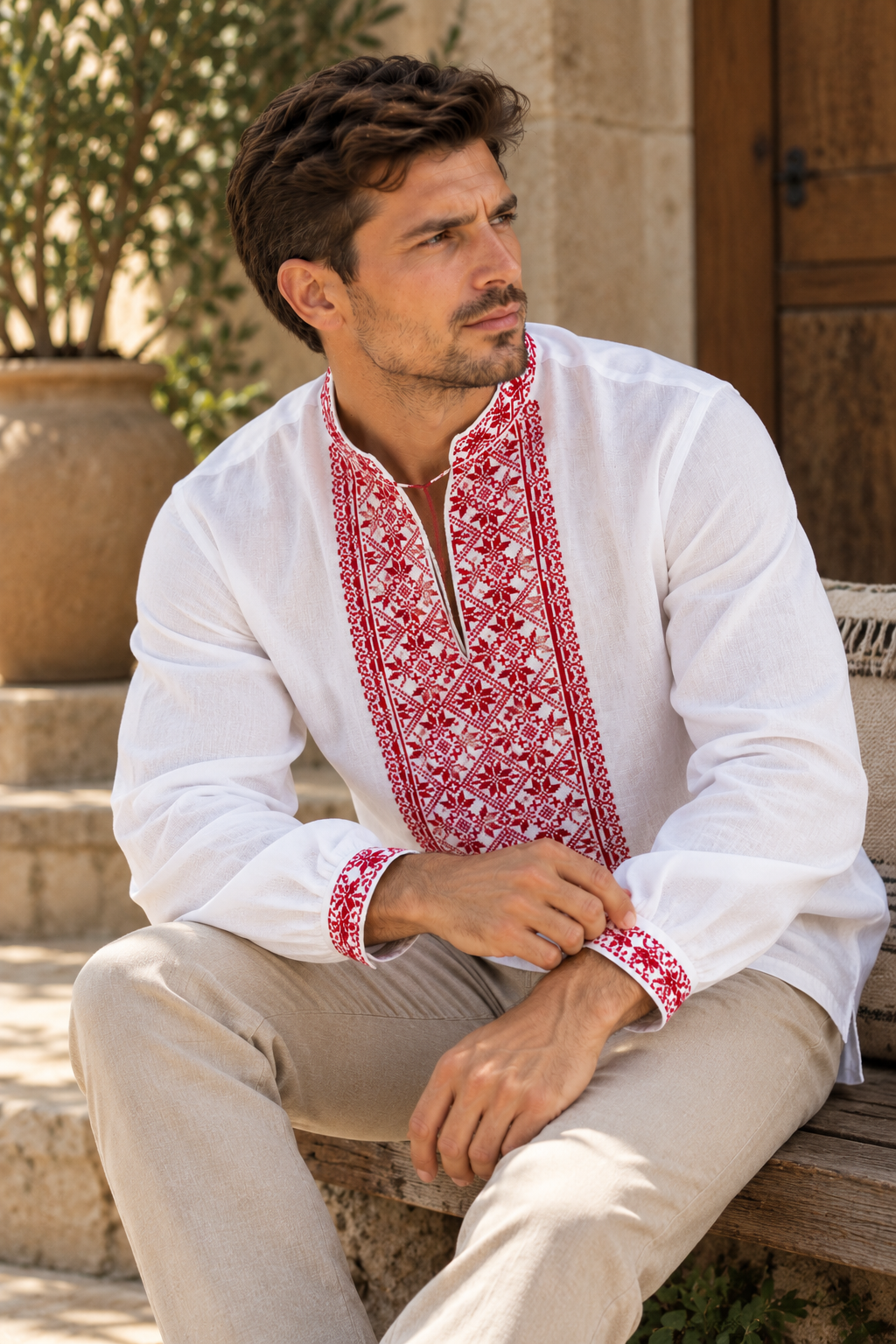Men's White Ukrainian Vyshyvanka with Red Geometric Embroidery