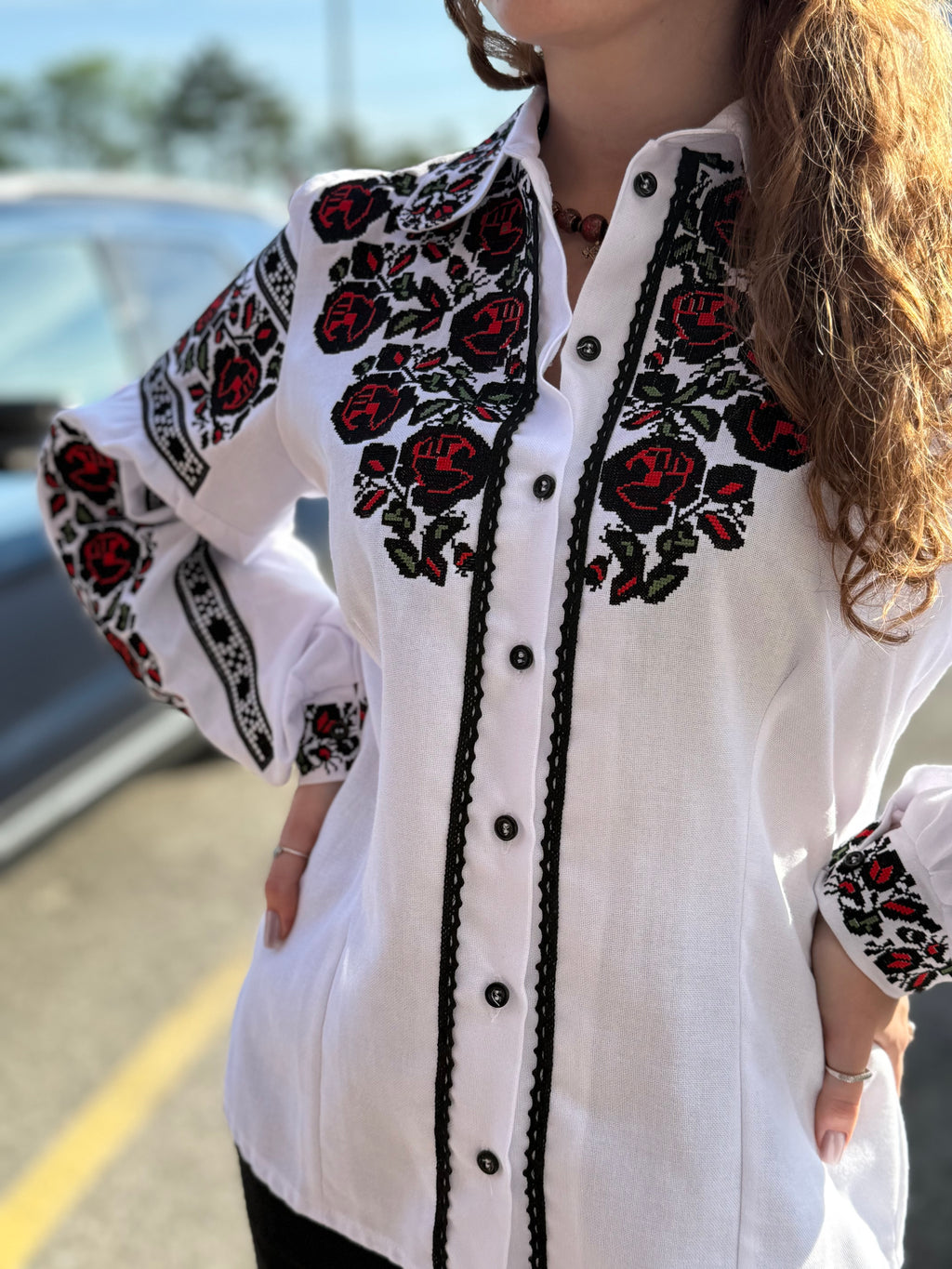 Women’s Embroidered Shirt "Bud" – White Ukrainian Vyshyvanka with Red and Black Rose Embroidery