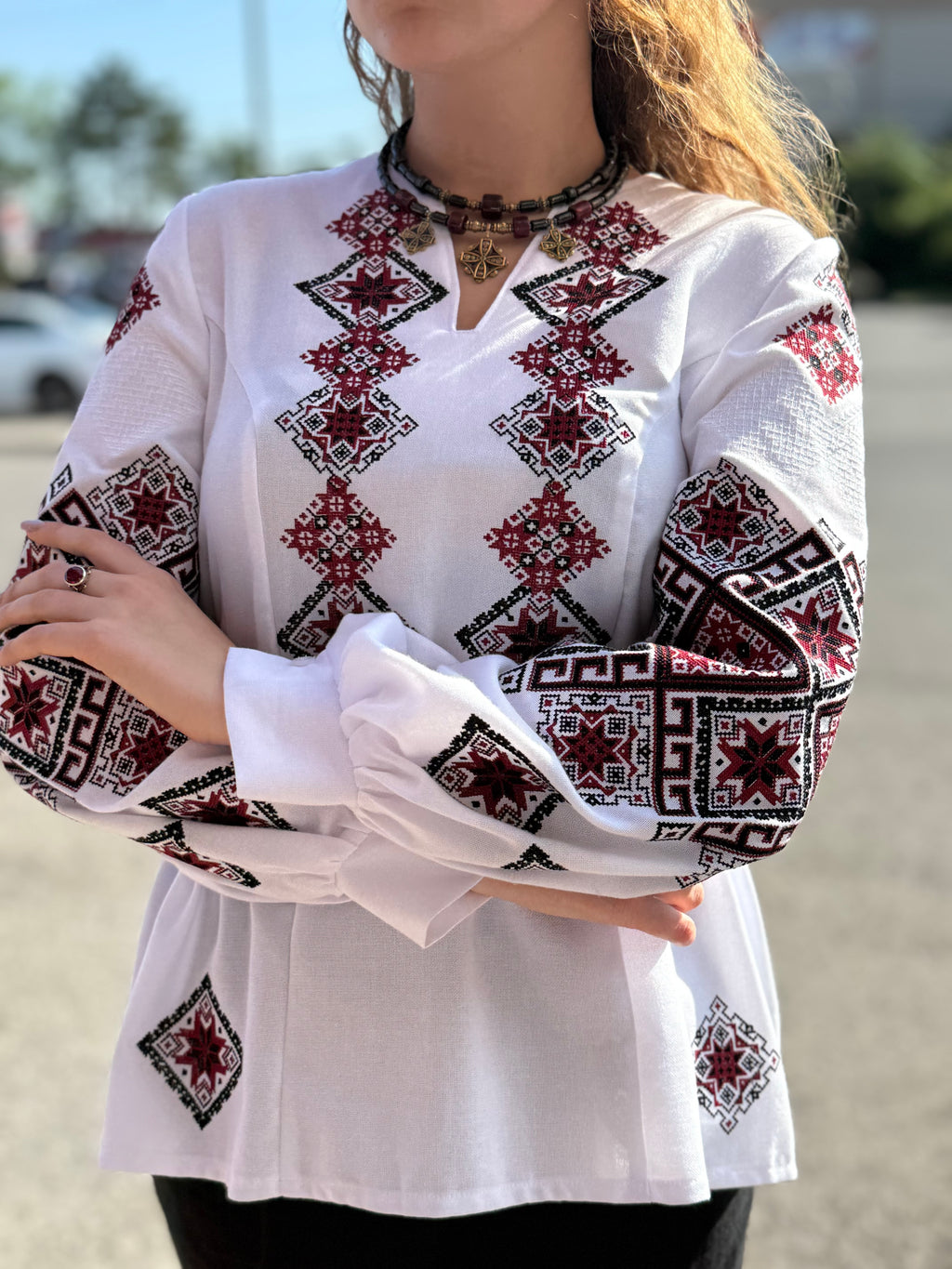Women’s Embroidered Shirt "Red Star" – White Ukrainian Vyshyvanka with Red and Black Embroidery