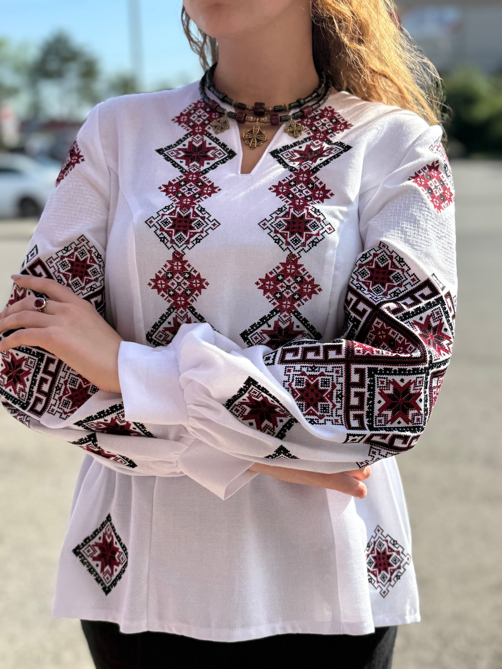 Women’s Embroidered Shirt "Red Star" – White Ukrainian Vyshyvanka with Red and Black Embroidery