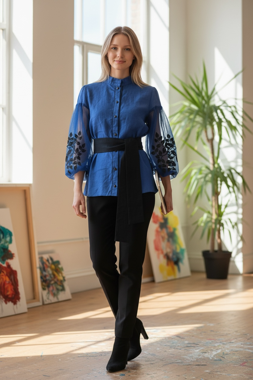 Blue Linen Blouse with Buttons and Embroidered Mesh Sleeves