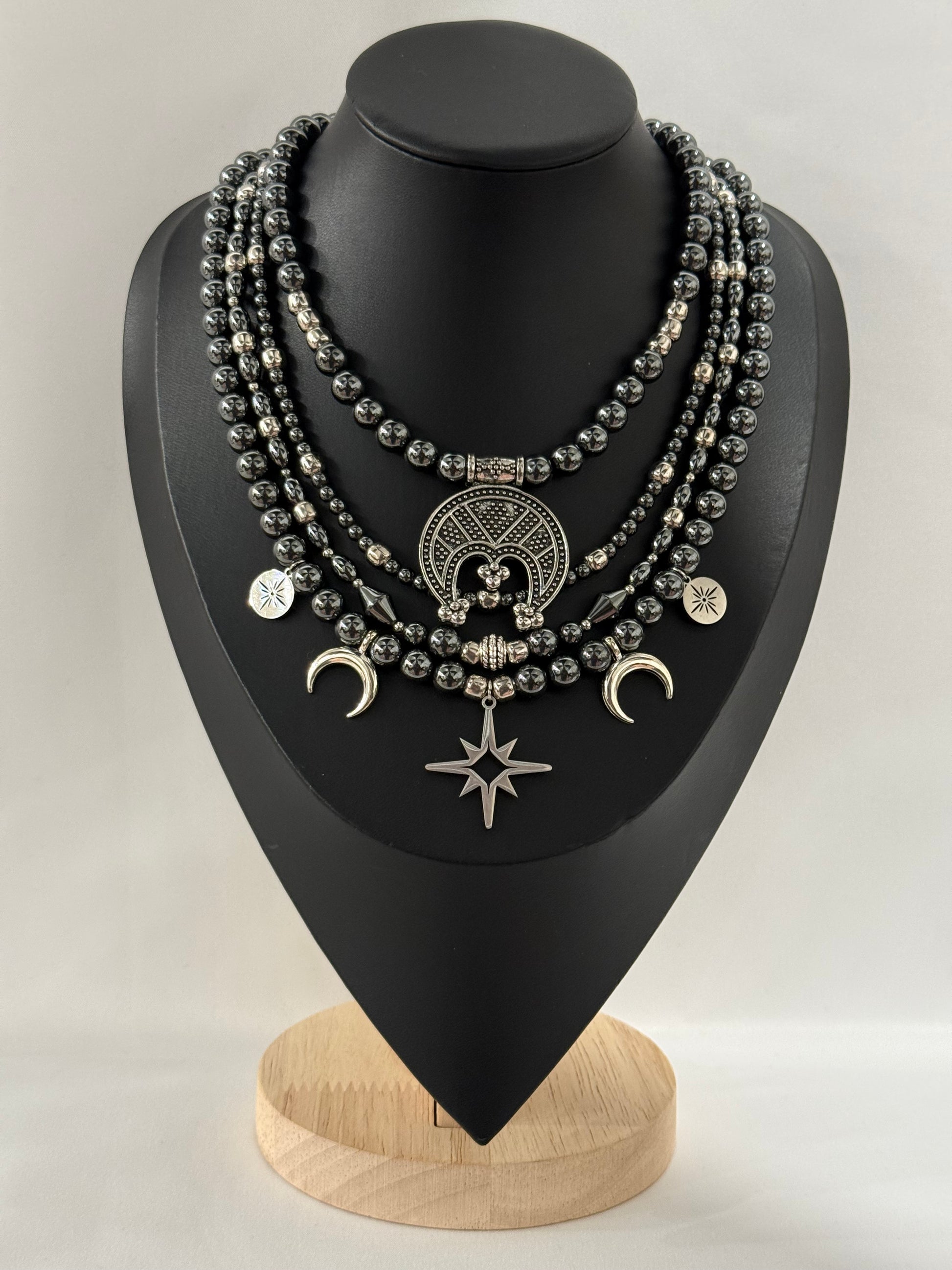 Single-Strand Gray Hematite Bead Necklace with Lunula Pendant