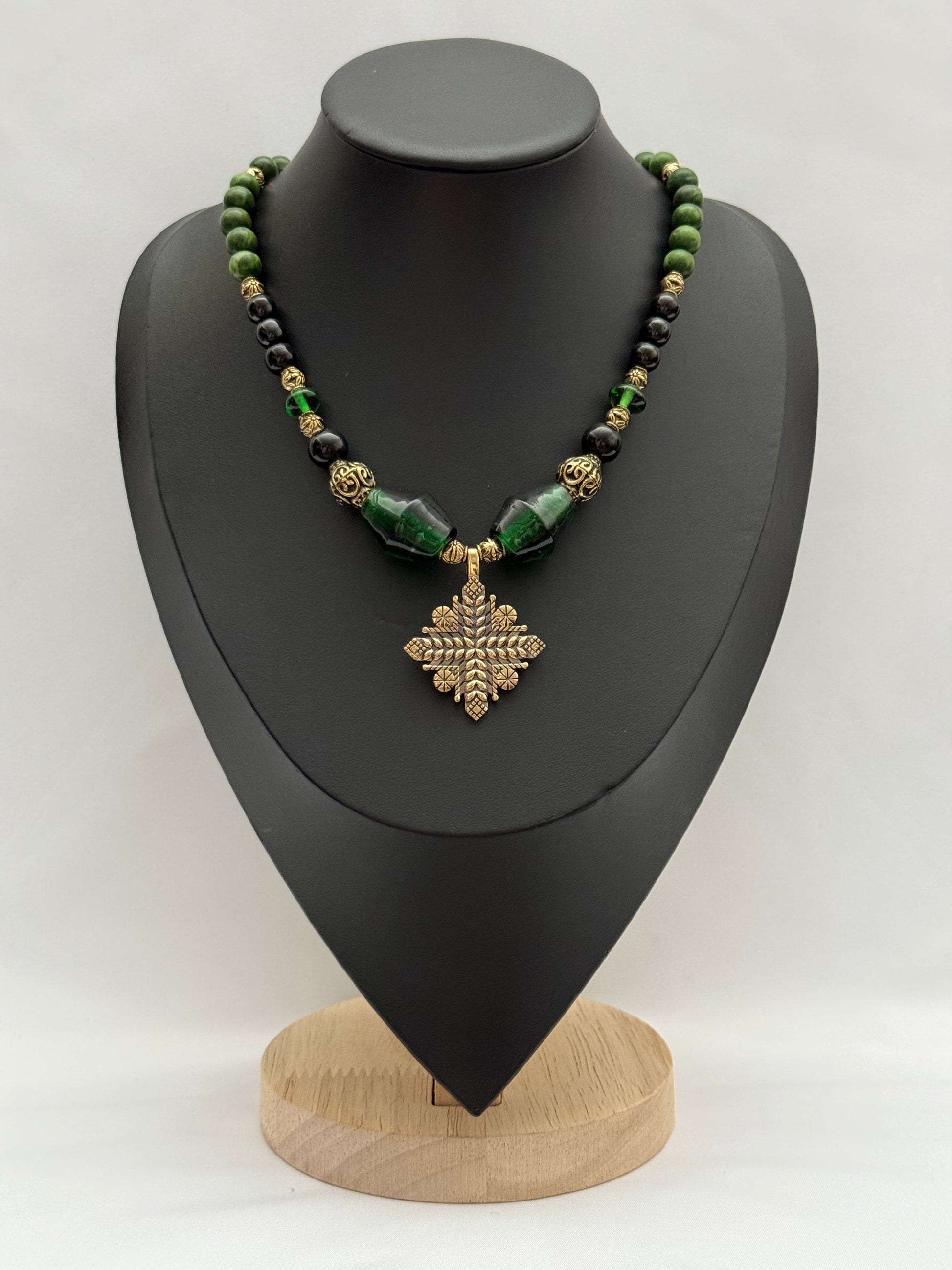 Green Murano Glass, Jade & Onyx Choker Necklace