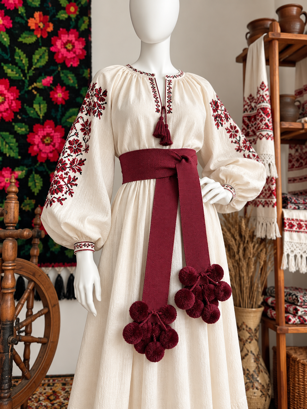 Traditional Women’s Ukrainian Kraika with Tassels  Burgundy Colour