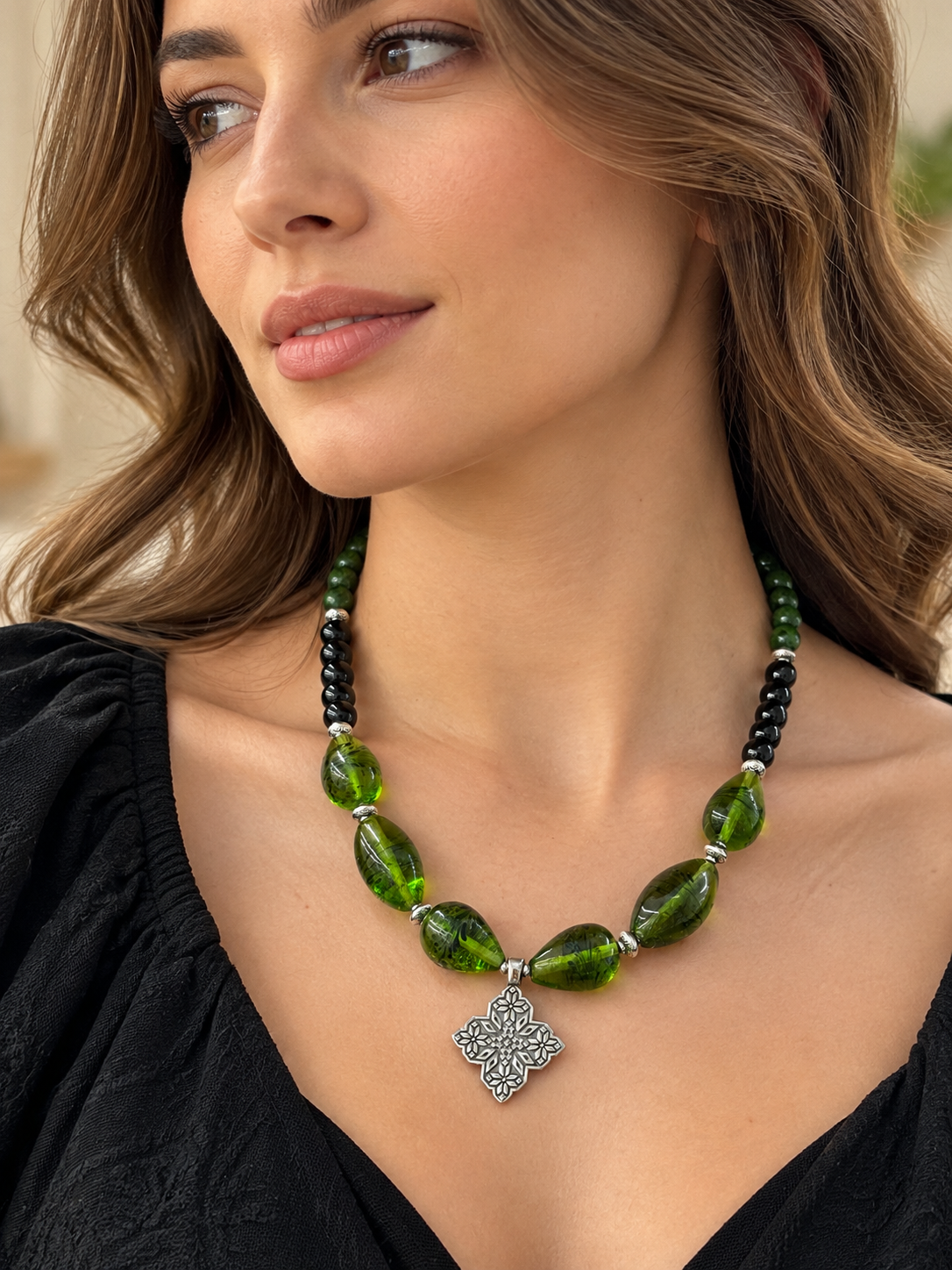 Jade, Black Agate & Murano Glass Necklace with German Silver Pendant