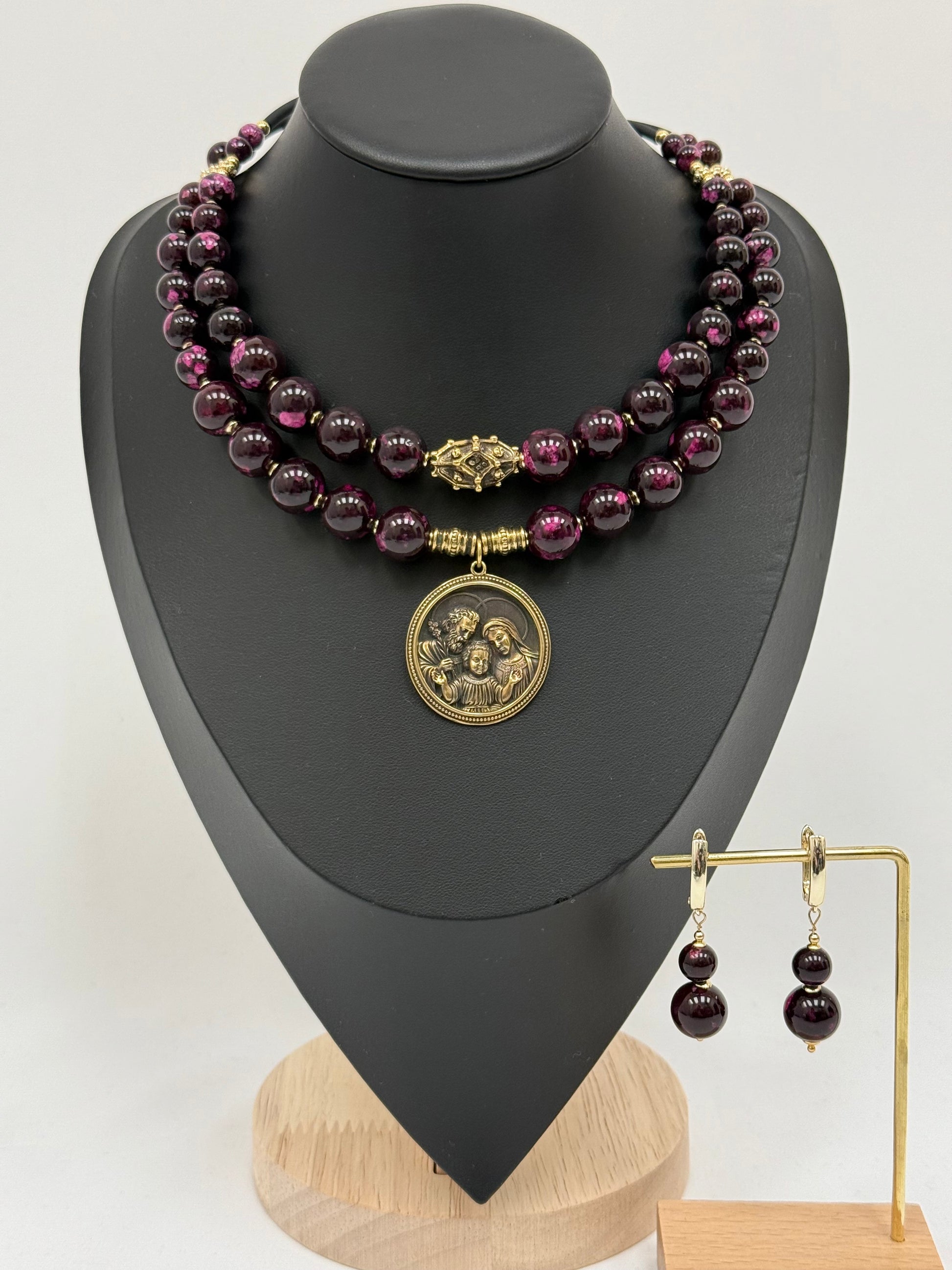 Two-Strand Pink-Brown Jasper Choker with Brass Holy Family Pendant