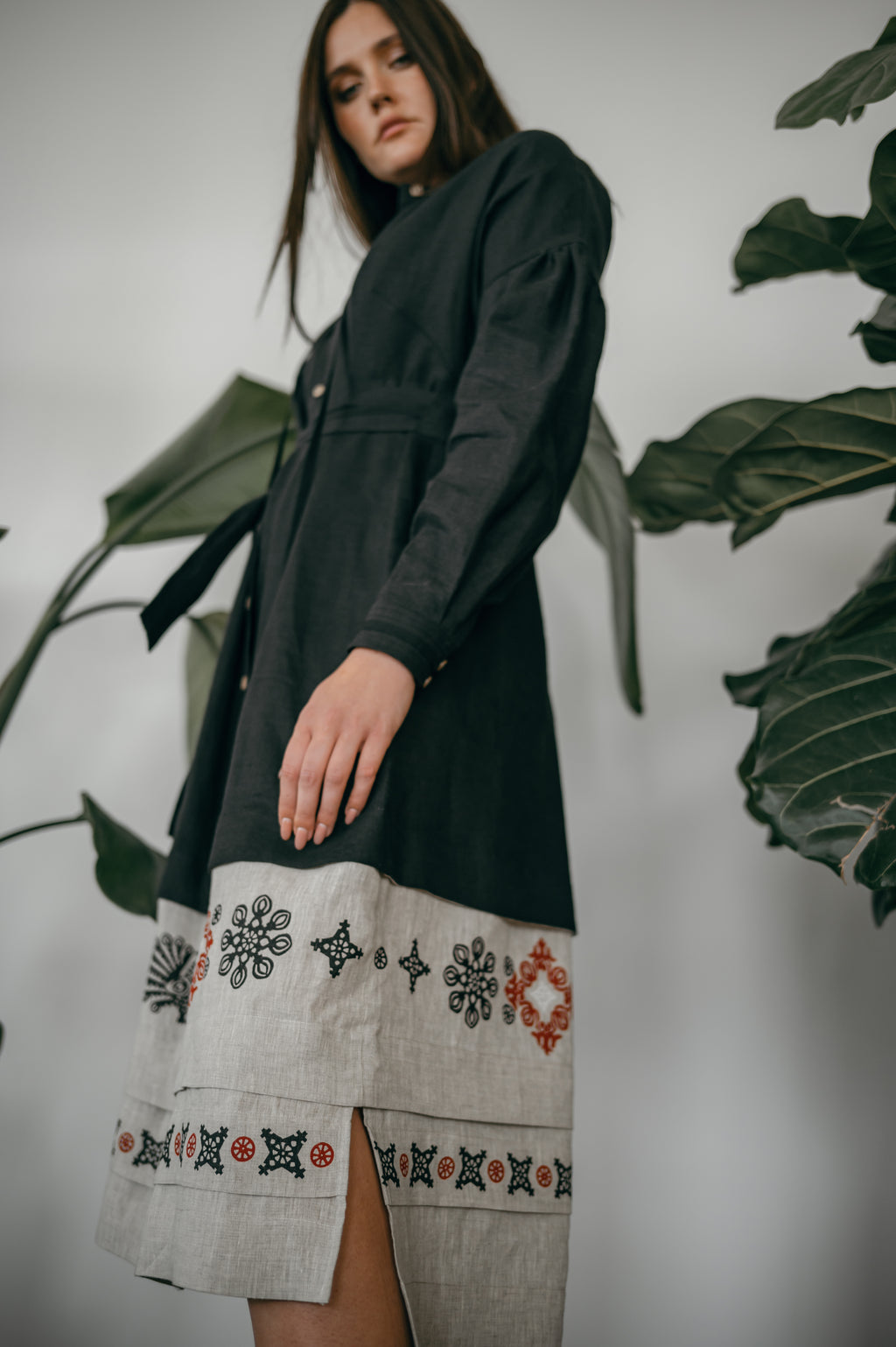 Black Ukrainian Midi Dress with Traditional Block Print