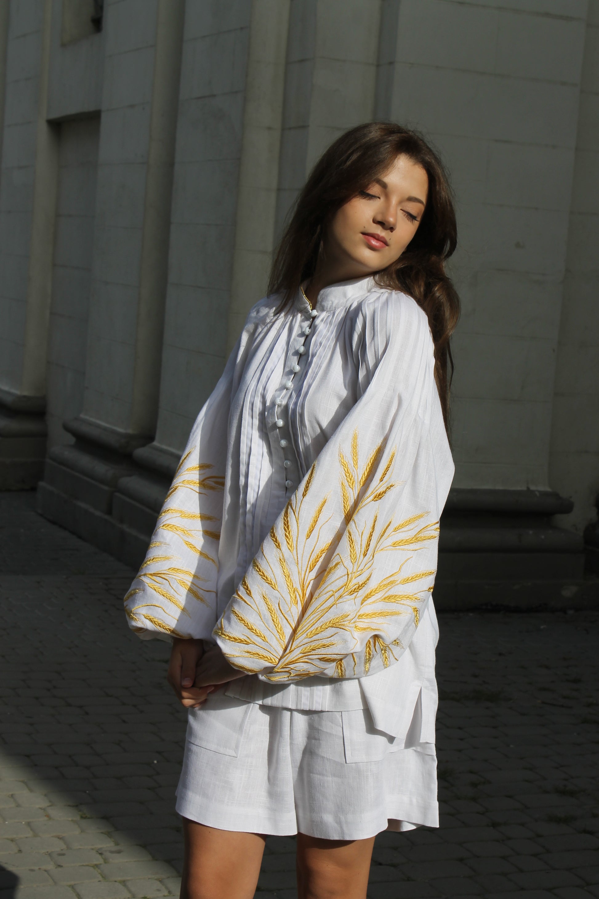 White Linen Blouse With "Wheat" Embroidery