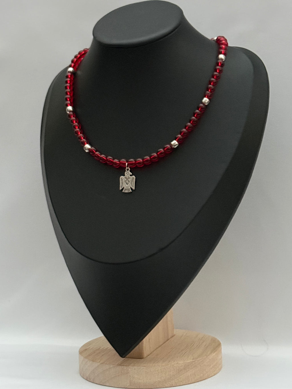Red Glass Bead Necklace with Falcon Pendant | Single Strand