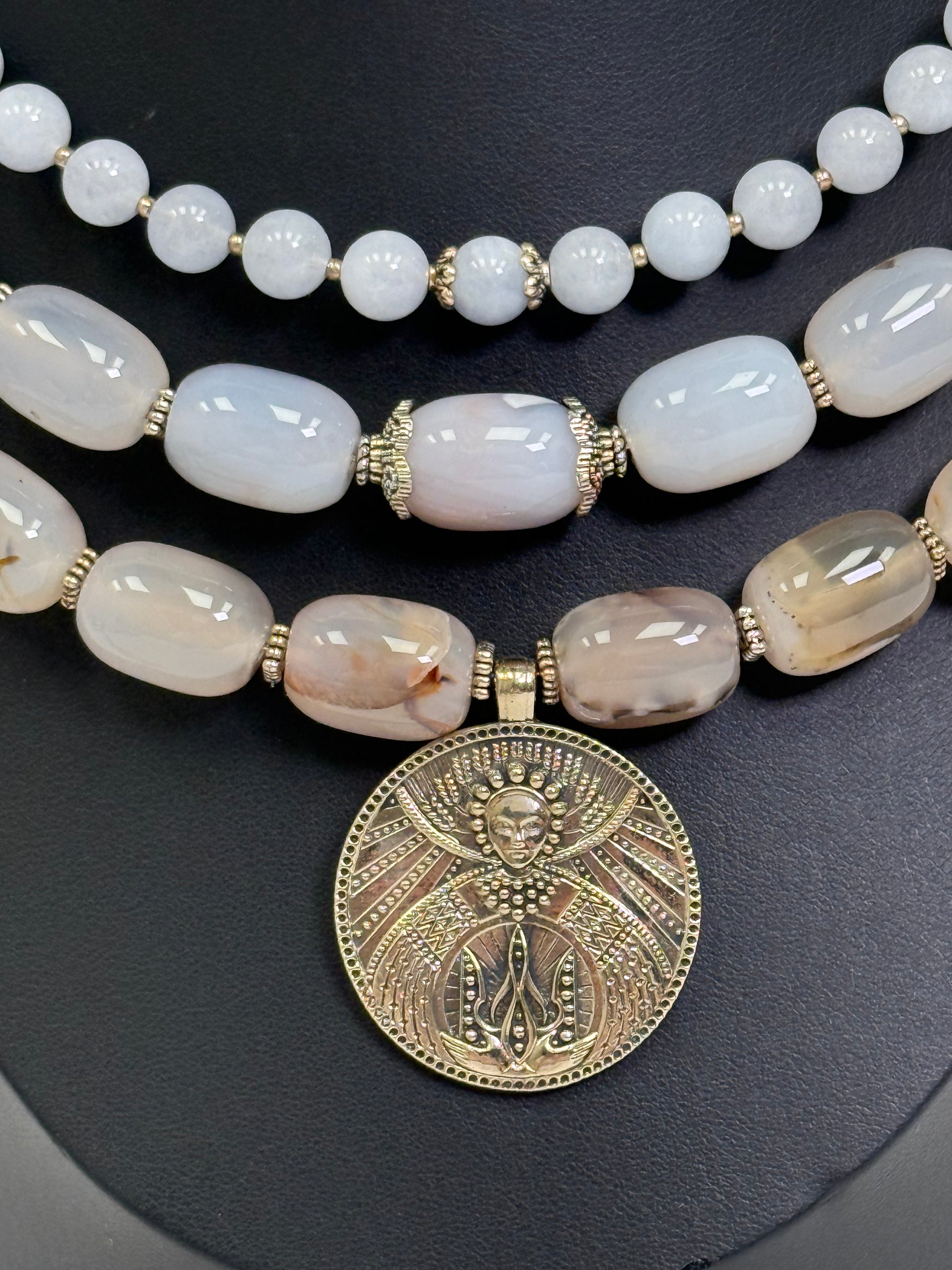 Natural Gray-Blue Stone Choker with Brass Pendant of the "Pokrovy Bohorodytsy"