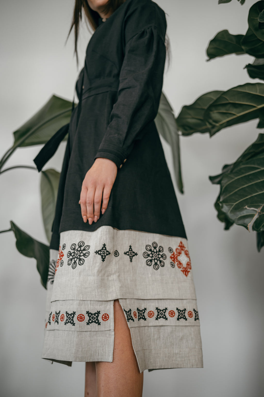 Black Ukrainian Midi Dress with Traditional Block Print