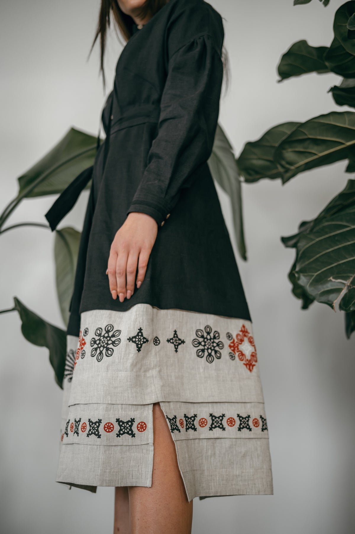 Black Ukrainian Midi Dress with Traditional Block Print
