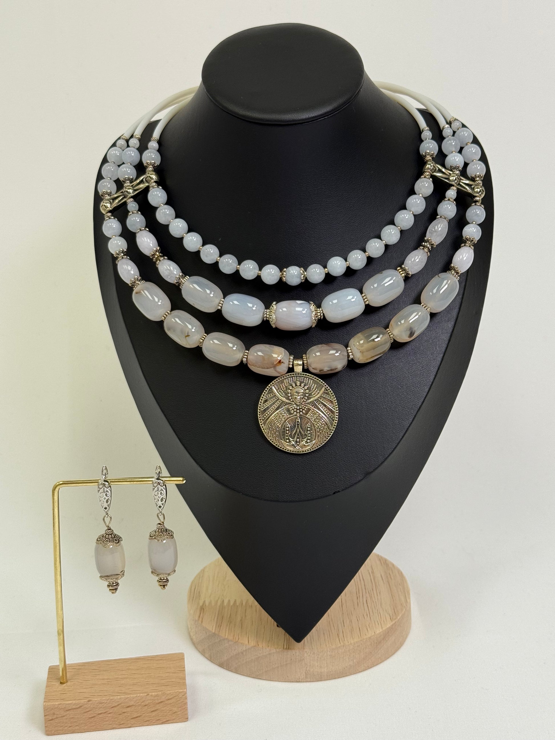 Natural Gray-Blue Stone Choker with Brass Pendant of the "Pokrovy Bohorodytsy"