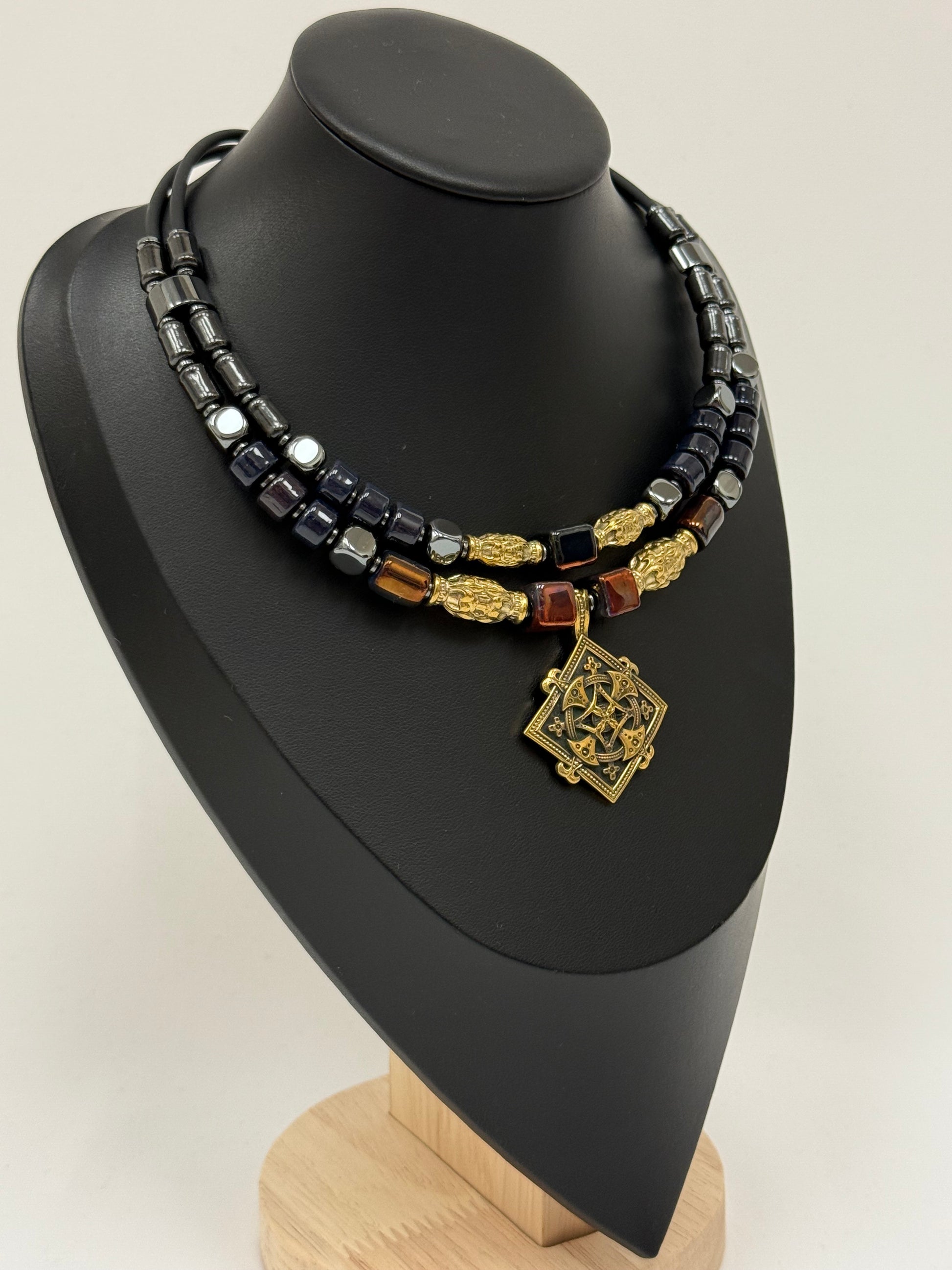Double-Strand Choker – Kosiv Ceramics, Hematite & Brass Cross Pendant