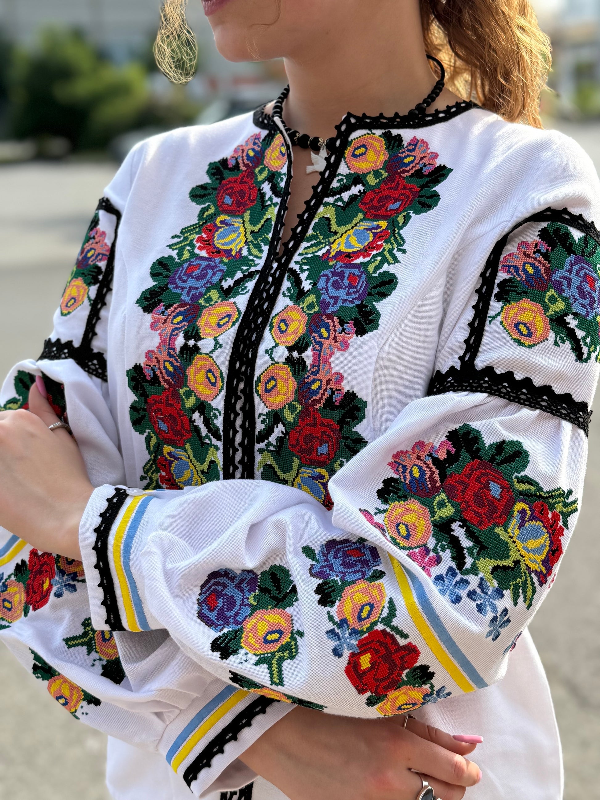 Women’s Embroidered Shirt "Patriotic" – White Ukrainian Vyshyvanka with Floral Motifs
