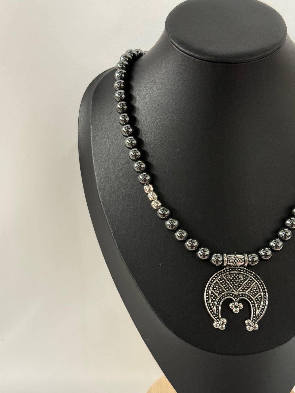 Single-Strand Gray Hematite Bead Necklace with Lunula Pendant