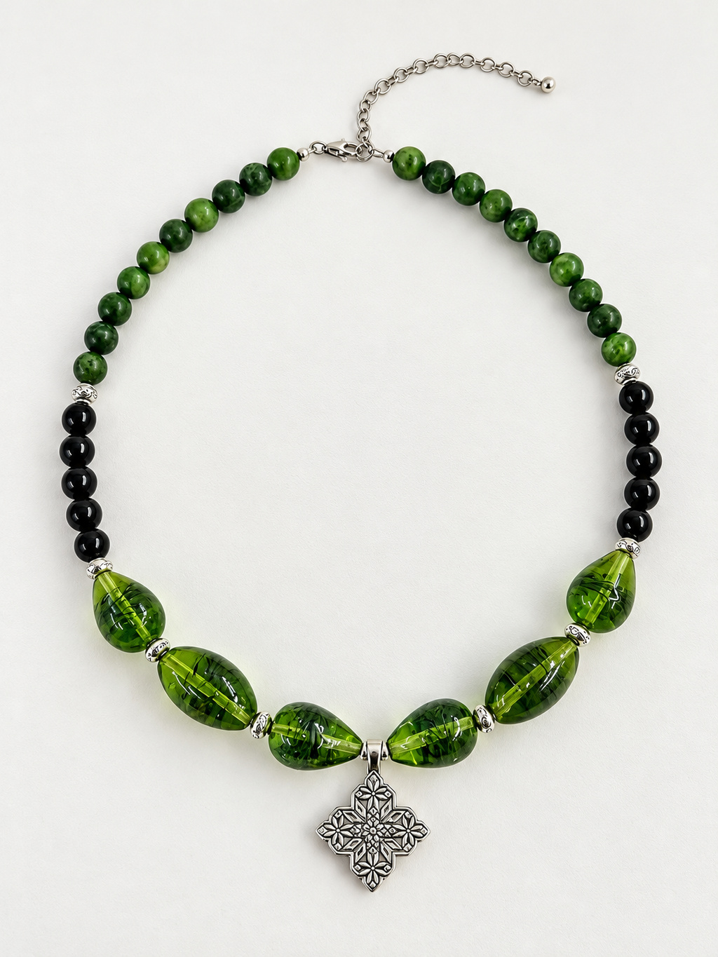 Jade, Black Agate & Murano Glass Necklace with German Silver Pendant