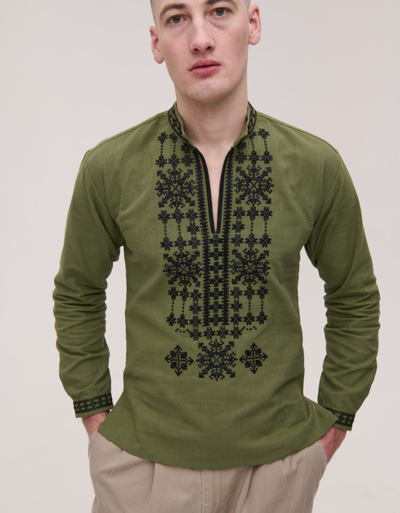 Men’s Embroidered Shirt "Nezlamni" – Khaki Ukrainian Vyshyvanka