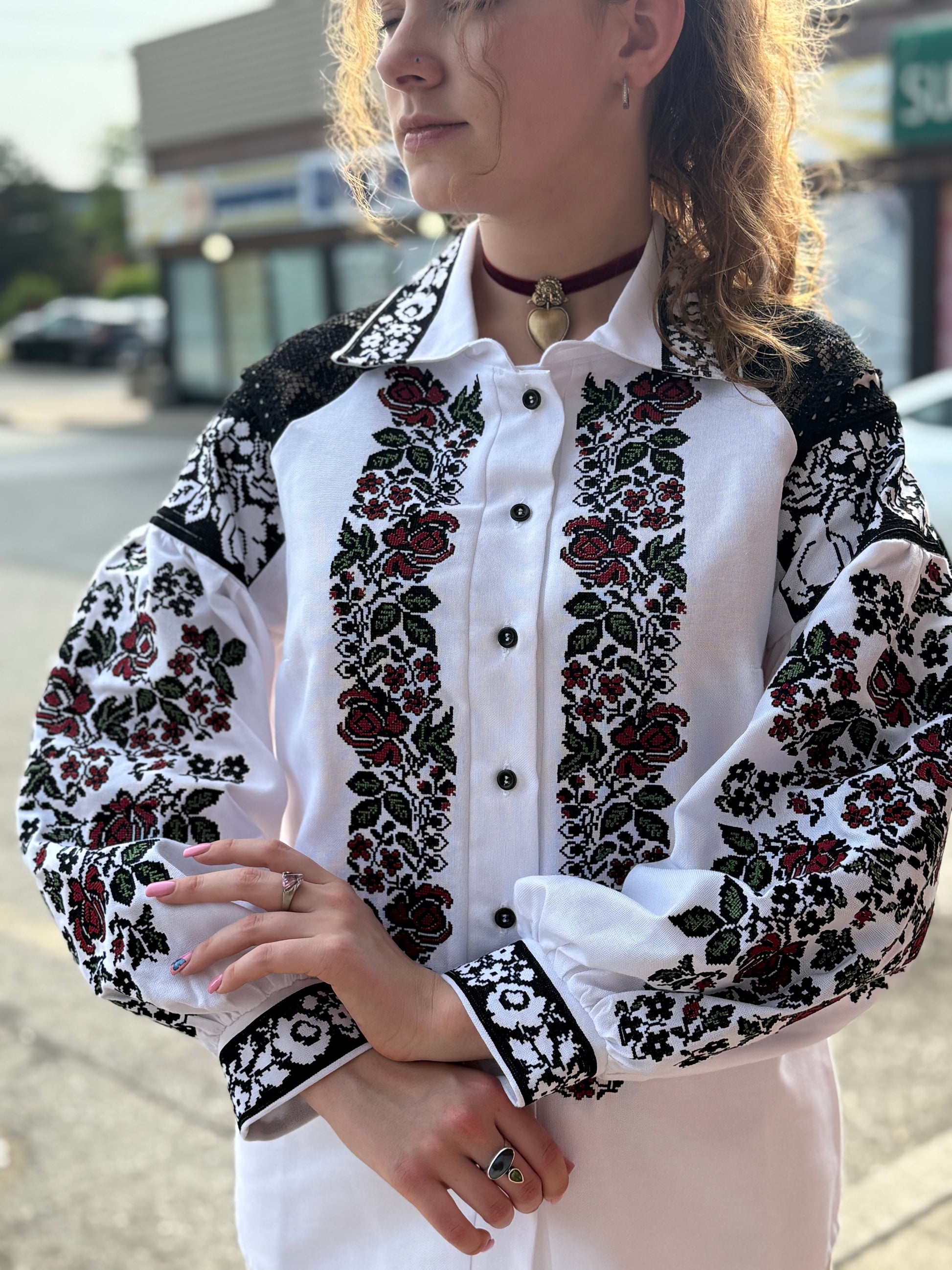 Women’s Embroidered Shirt "Ruta" – Ukrainian Vyshyvanka with Collar and Lace Accents