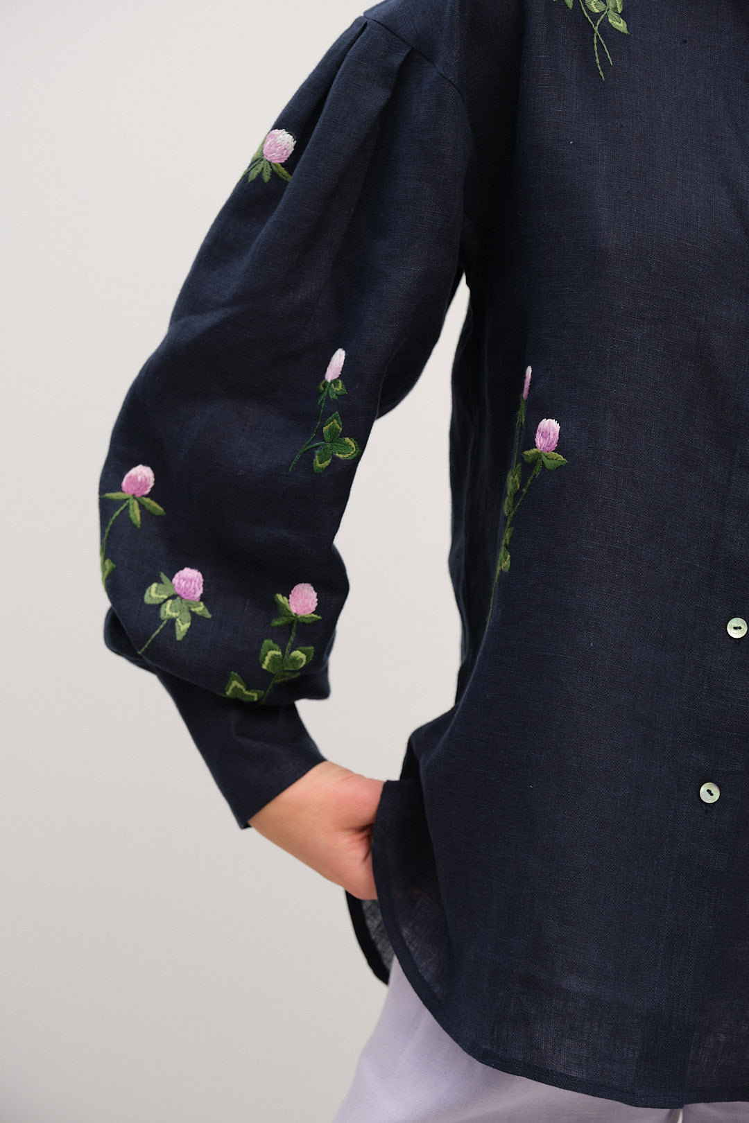 Dark Blue Linen Shirt with Puffy Sleeves and Hand-Embroidered Clover