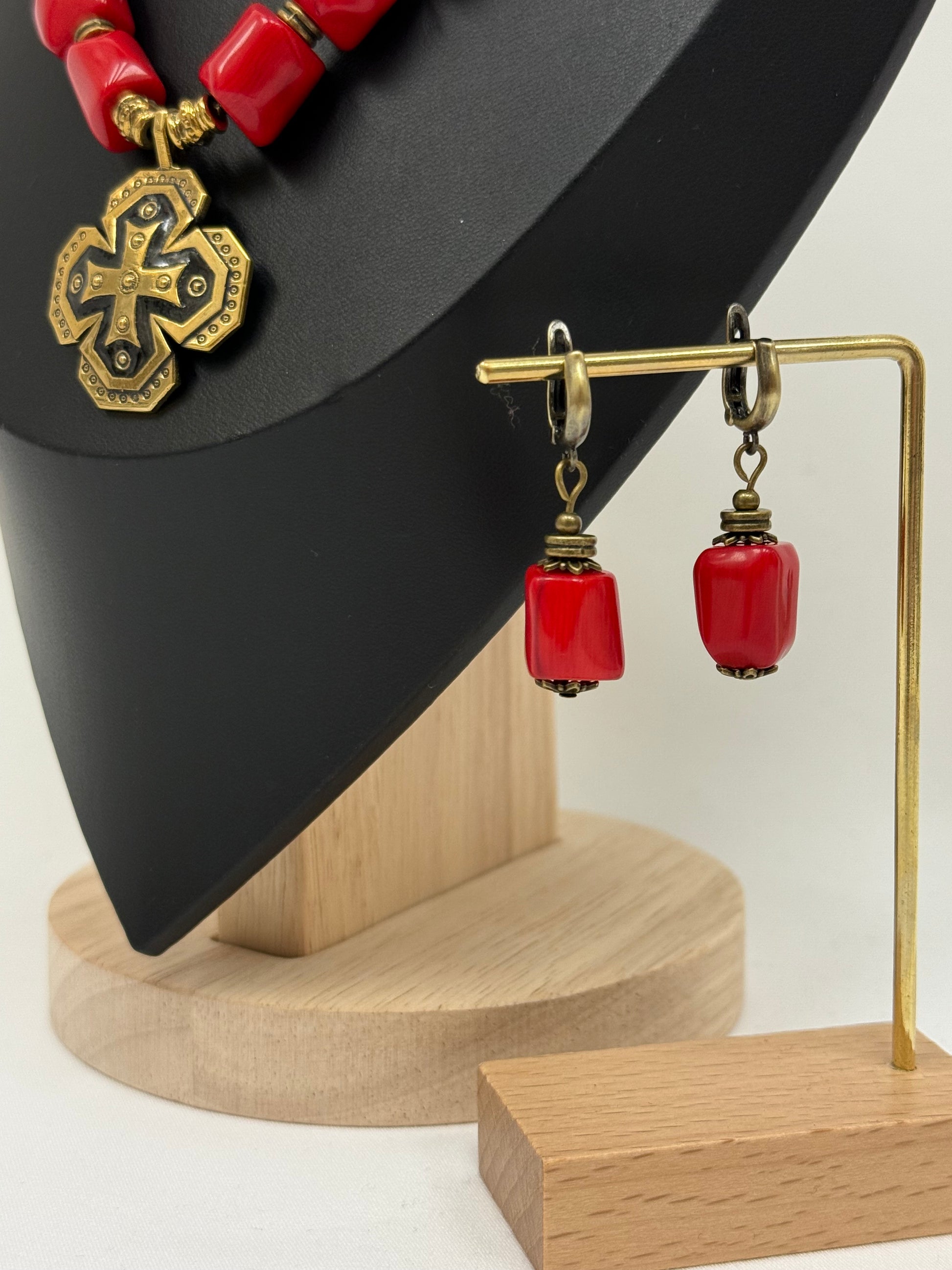 Single-Strand Necklace – Red Coral with Brass Cross Pendant