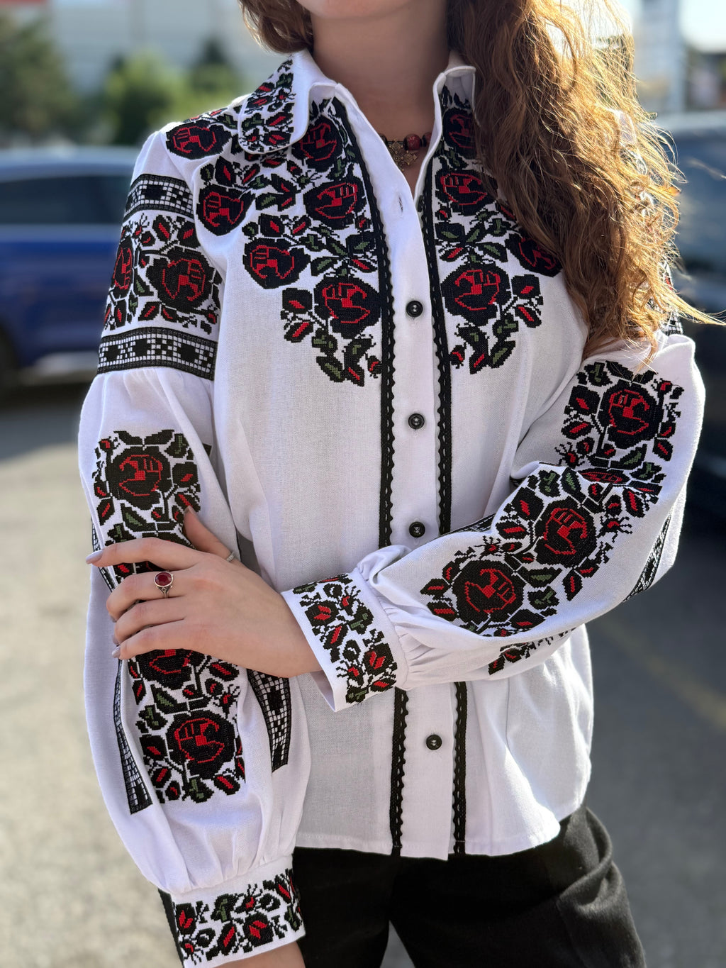 Women’s Embroidered Shirt "Bud" – White Ukrainian Vyshyvanka with Red and Black Rose Embroidery