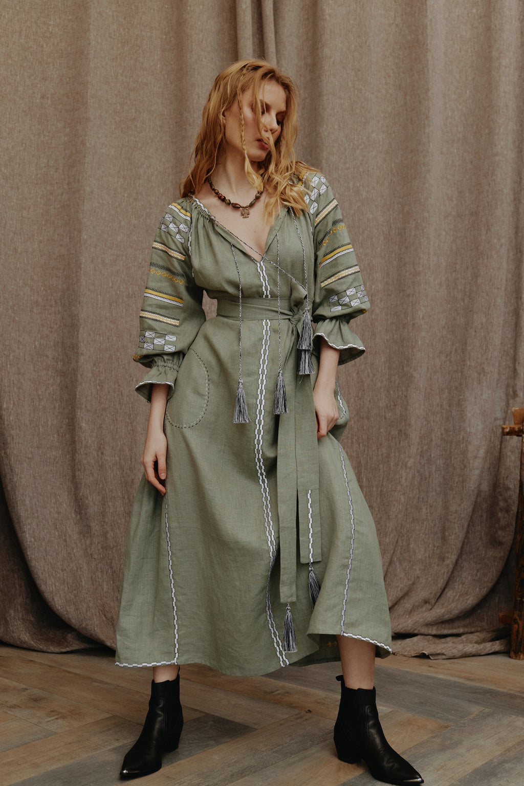 “Aurora” Embroidered Linen Maxi Dress