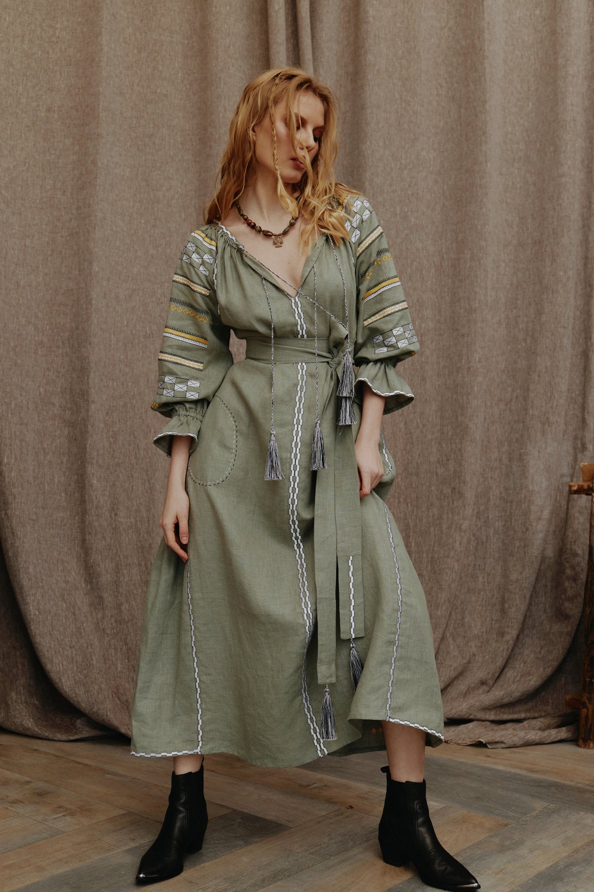 “Aurora” Embroidered Linen Maxi Dress
