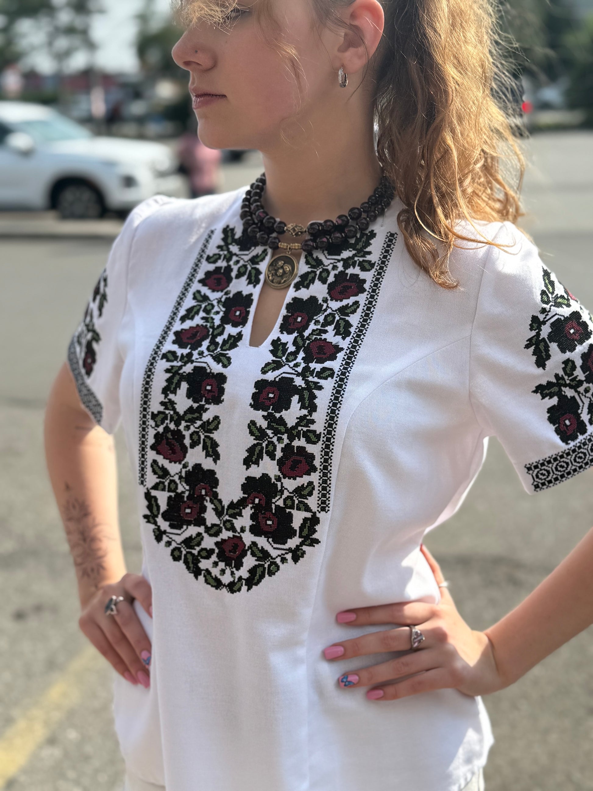 Women’s Embroidered Shirt "Festive" – Short Sleeve Ukrainian Vyshyvanka with Colorful Floral Embroidery
