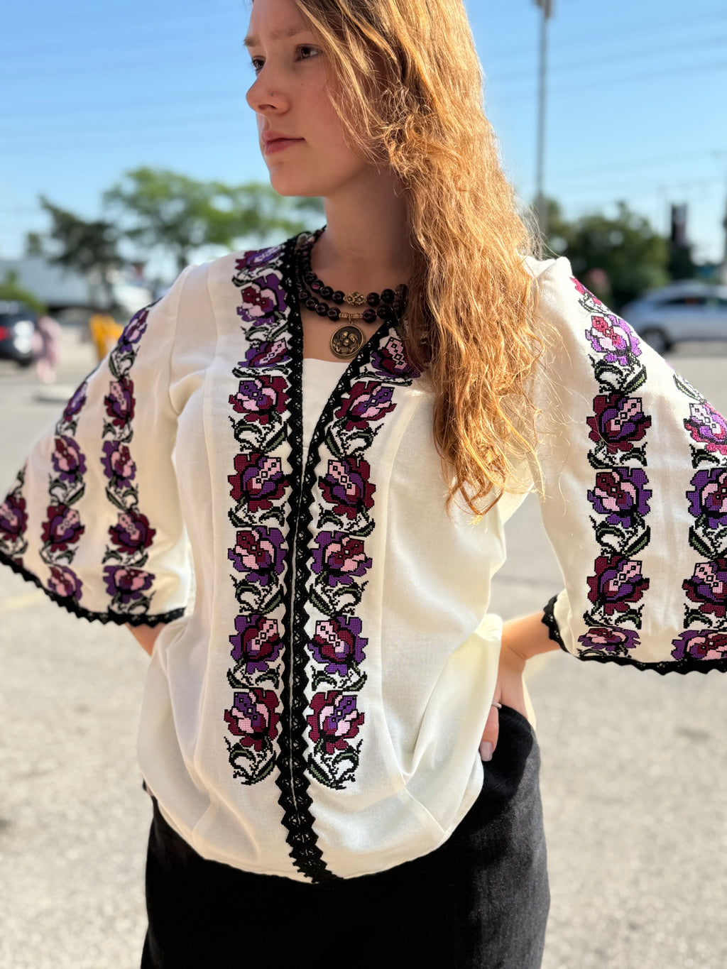 Women’s Embroidered Shirt "Tulips" – Cream Ukrainian Vyshyvanka with 3/4 Flared Sleeves