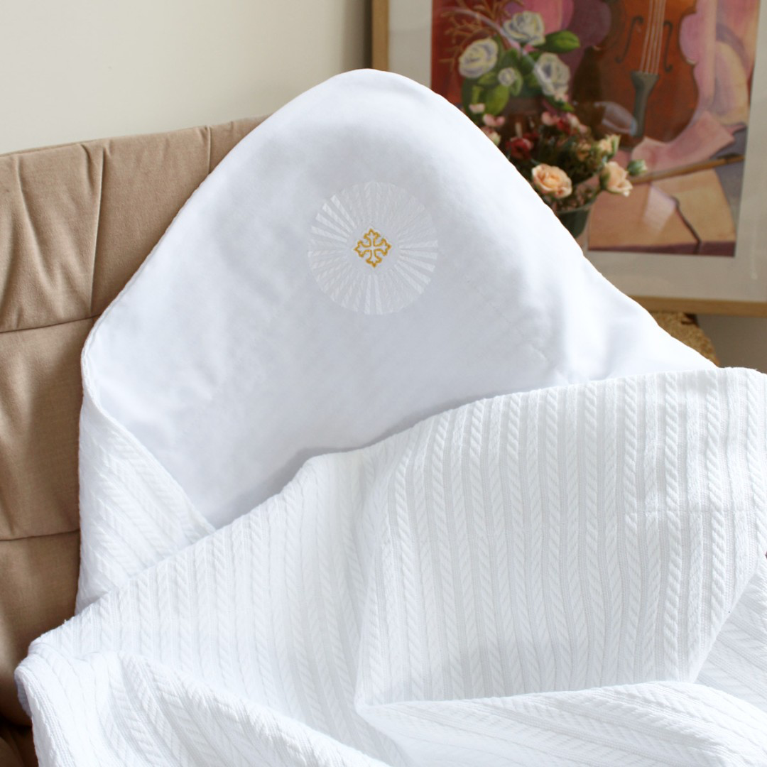 White Cotton Baptism Blanket  “Rays of Love” | Christening Kryzhmo