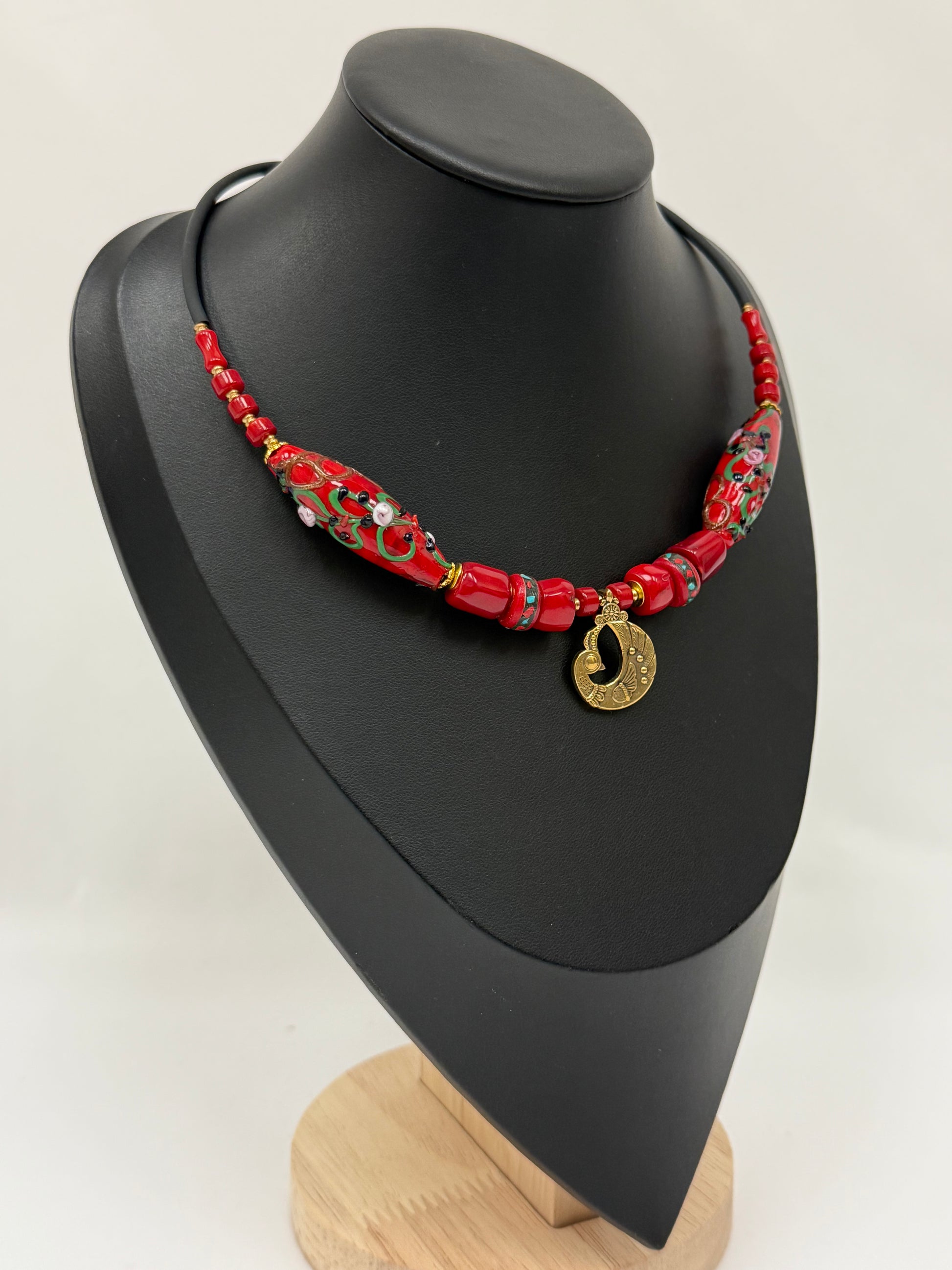 Dyed Coral Choker with Brass Firebird Pendant
