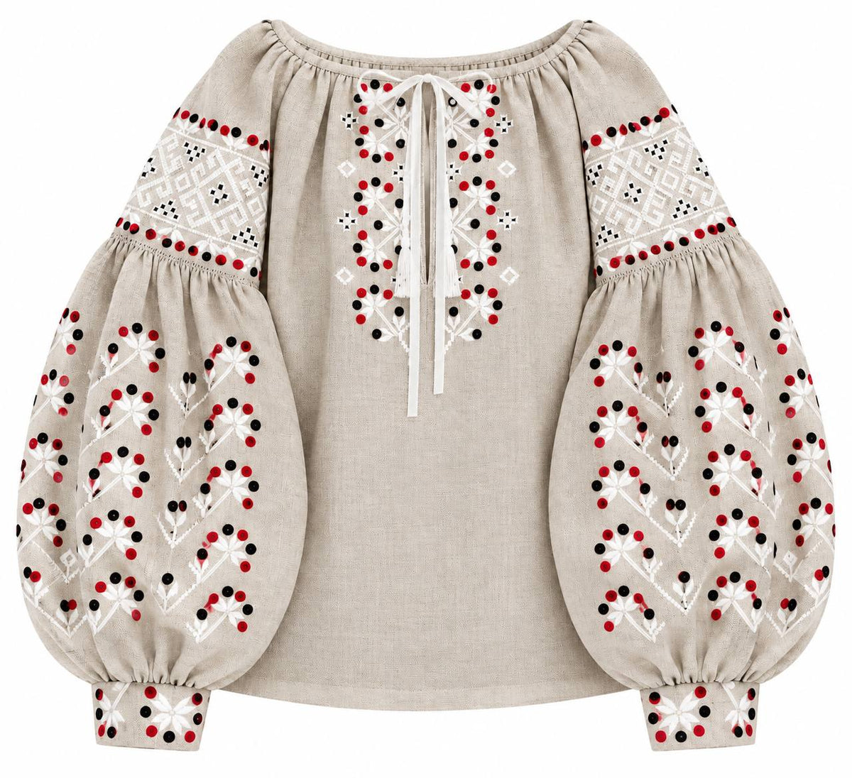 Women's Natural Beige Linen Vyshyvanka with Red & Black Embroidery
