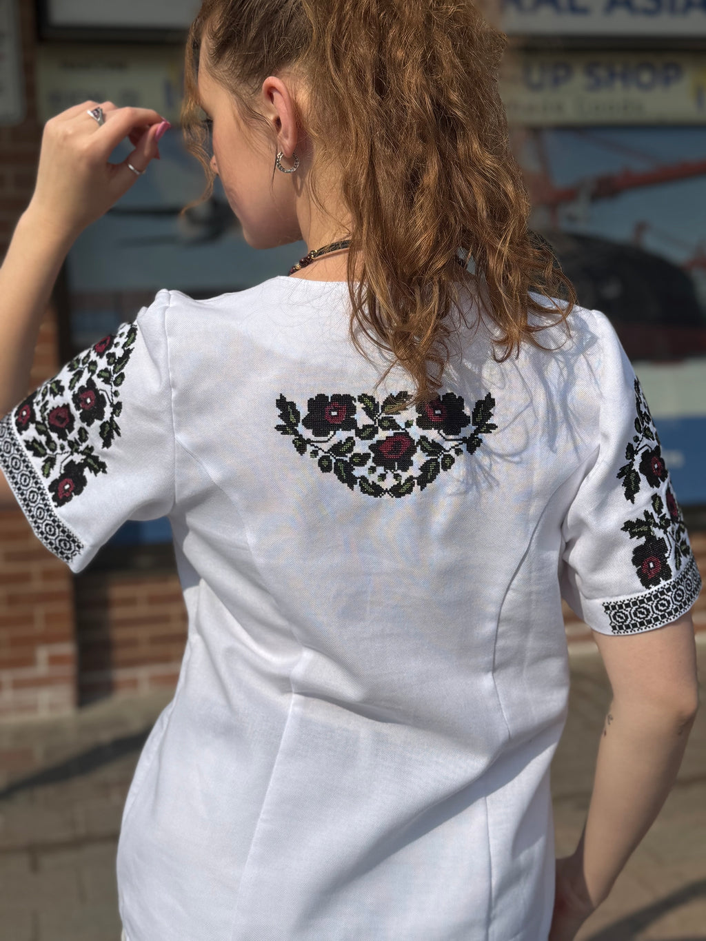 Women’s Embroidered Shirt "Festive" – Short Sleeve Ukrainian Vyshyvanka with Colorful Floral Embroidery