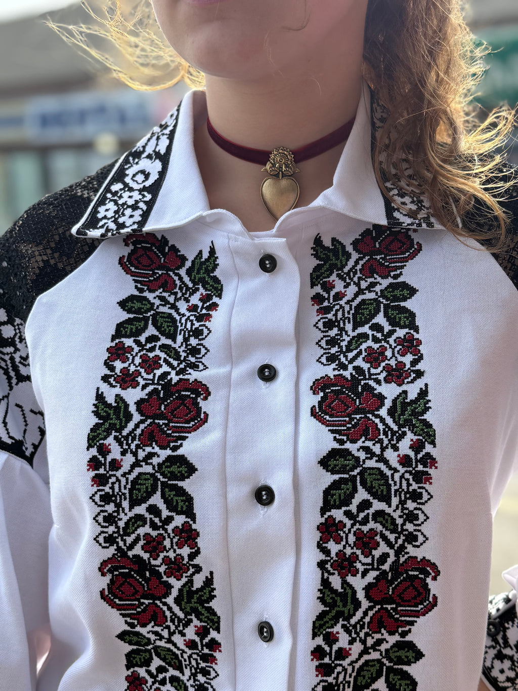 Women’s Embroidered Shirt "Ruta" – Ukrainian Vyshyvanka with Collar and Lace Accents
