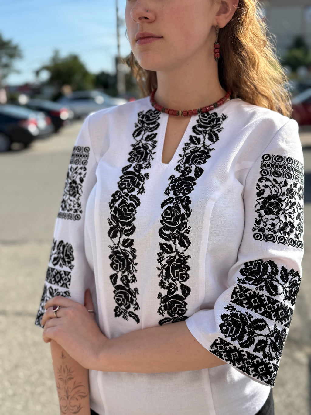 Pearl Embroidered Shirt (Women’s - Black, 3/4 Sleeve)